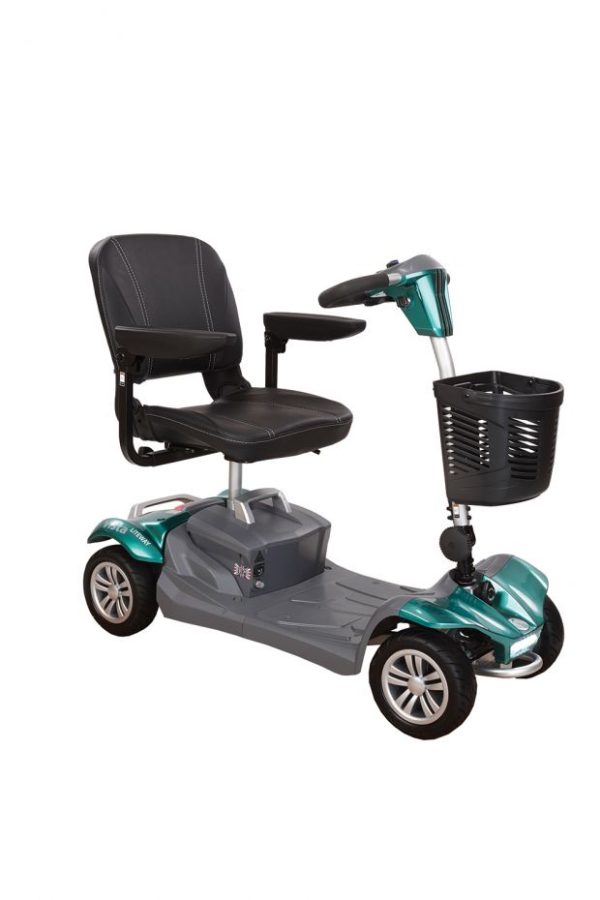 Front view of the Rascal Vista LiTEWAY Mobility Scooter with ergonomic tiller and padded seat
